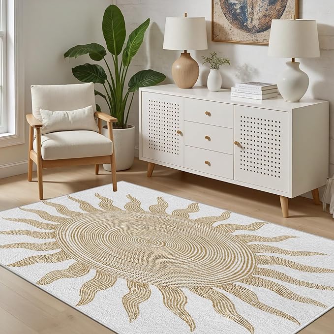 Boho Washable Rugs for Bedroom 7x9, Modern Sun Print Soft Minimalism Area Rug, Non Slip Low Pile Abstract Carpet for Classroom Living Room Decor Dining Room Sofa Kids Nursery Room, Beige Yellow