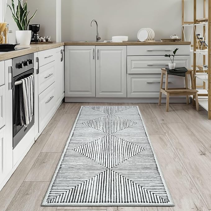 Bloom Rugs Washable Non-Slip 10 ft Runner - Black/Ivory Striped Runner for Entryway, Hallway, Bathroom, and Kitchen - Exact Size: 2.5' x 10'