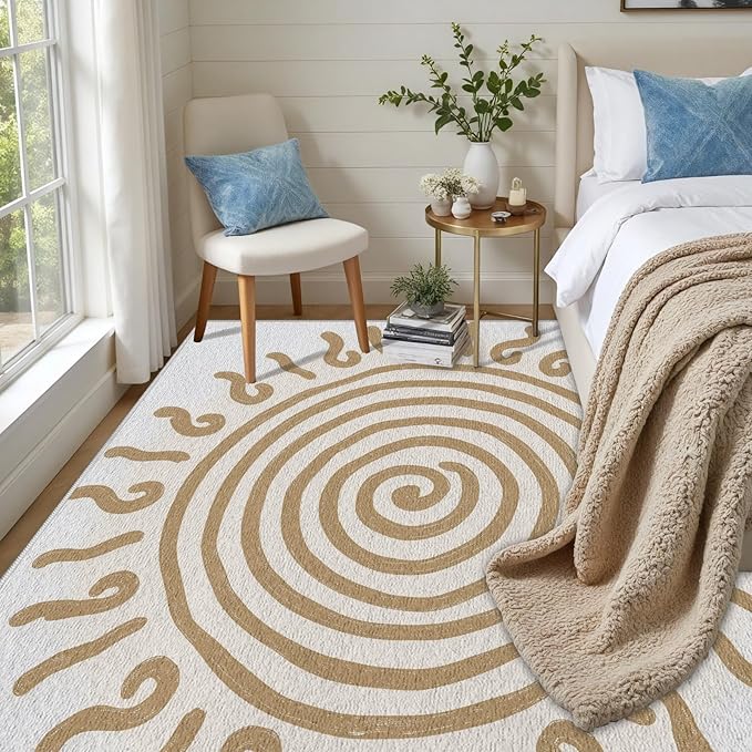 Boho Washable Rugs for Bedroom 6x8, Modern Sun Print Soft Minimalism Area Rug, Non Slip Low Pile Abstract Carpet for Classroom Living Room Decor Dining Room, Beige Yellow