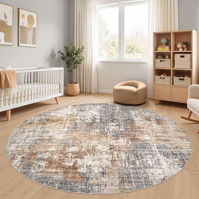 8ft Round Area Rug Living Room Rugs - 8x8 Washable Large Soft Indoor Neutral Modern Abstract Low Pile Rug Carpet for Bedroom Dining Room Farmhouse Home Office - Grey Brown