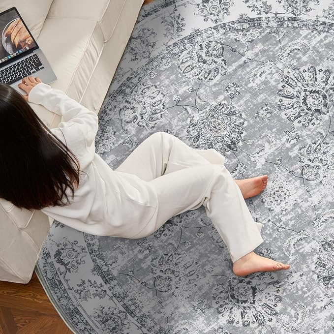 jinchan Fiora Round Rug 5ft Area Rug - Indoor Vintage Hallway Circle 5' Washable - Ultra-Thin Low Pile Soft Small Non Slip Distressed Floral Print for Living Room Dining Room Bedroom Entryway Grey
