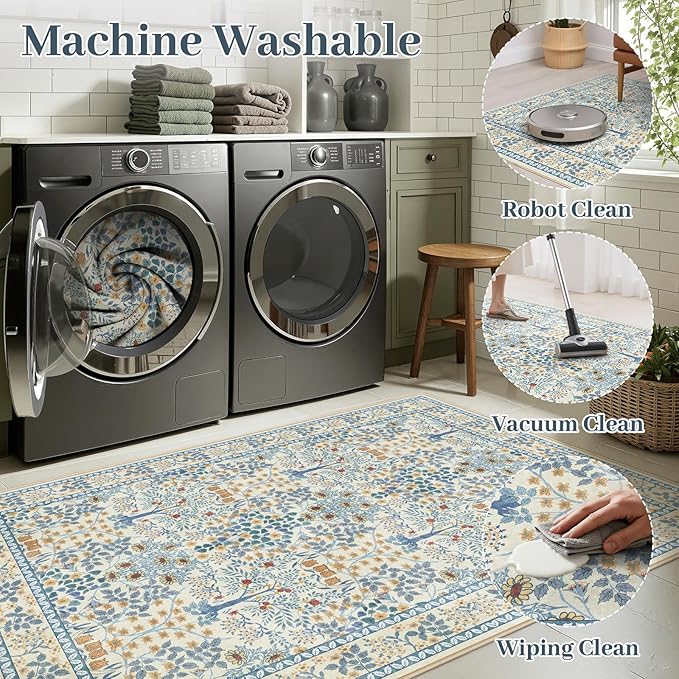 6x9 Area Rugs Living Room Rug - Floral Vintage Morris-Inspired Washable Carpet, Low Pile Non-Shedding Stain Resistance Boho Soft Carpet for Bedroom, Dining Room, Office, Farmhouse (6'x9' Blue/Orange)