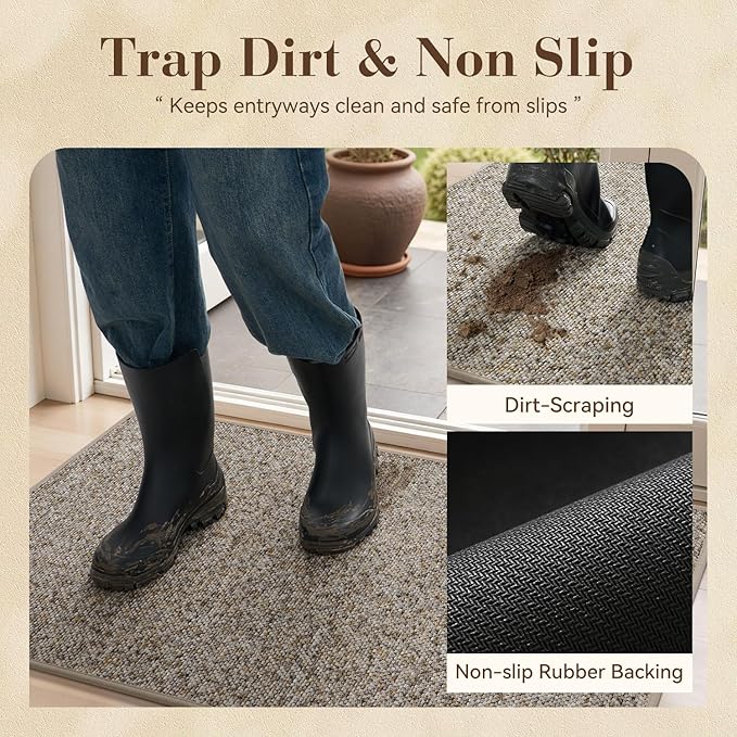 MontVoo Door Mat Indoor Entrance Doormat, Absorbent Durable Rubber Non Slip Front Door Mat for Inside Entry Entryway Dirt Trapper Welcome Mat, Grey Brown 24''x36''