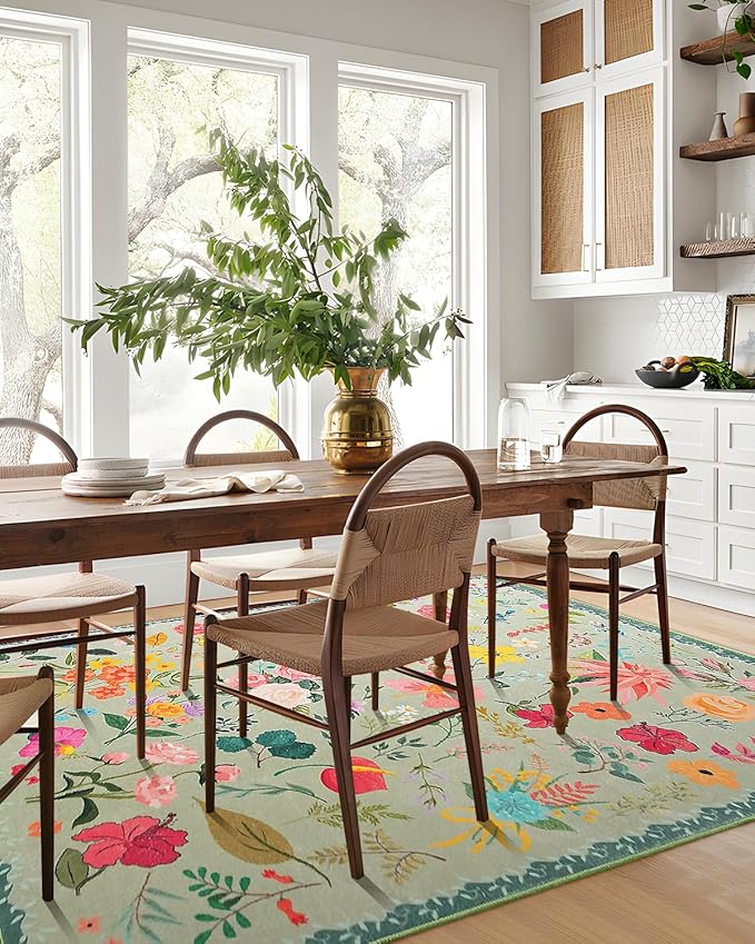 Area Rug 8x10, Washable Large Rugs for Living Room, Non Slip 0.27" Low Pile Vintage Floral Large Carpet for Bedroom, Dining Room, Kids Playroom (Green)