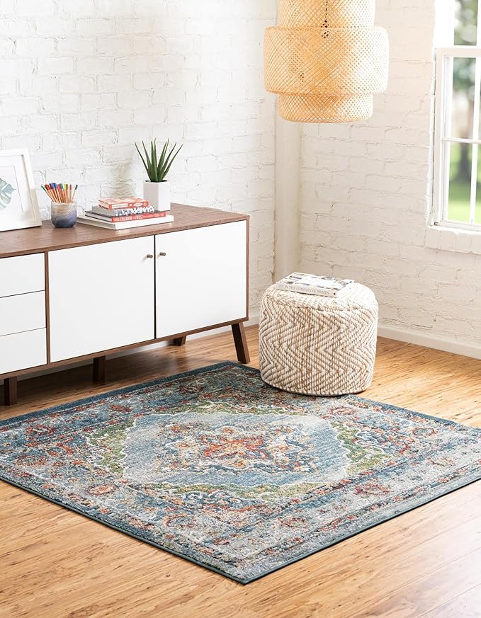 Unique Loom Isabella Collection Area Rug - Rossellini (5' 4" Square, Blue/ Beige)