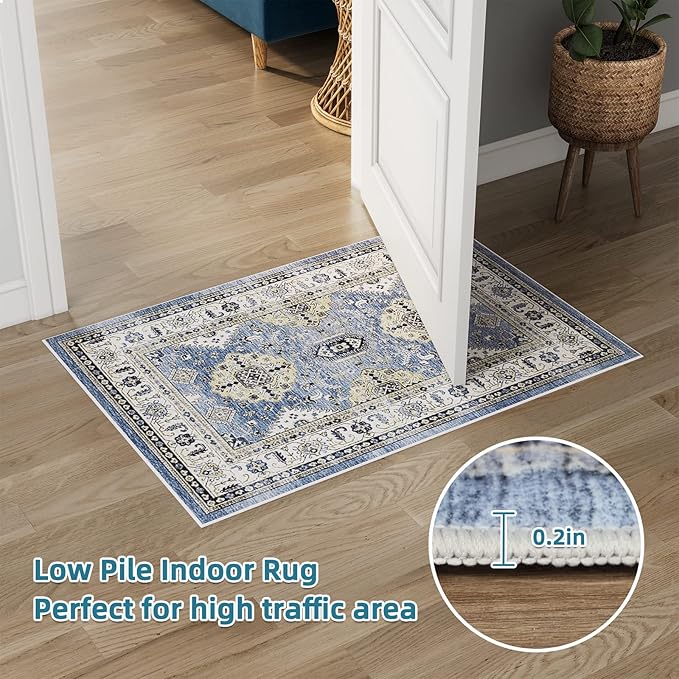 Dripex Vintage Collection Washable Area Rug - 2x3 Door Mat Small Entryway Rug Distressed Non-Slip Low-Pile Floor Carpet for Indoor Front Entrance Kitchen Bathroom Living Room Bedroom