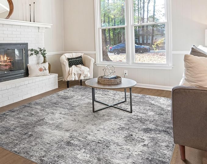 Square Area Rugs : Washable 8x8 Neutral Modern Abstract Carpet for Living Room Bedroom - Soft Floor Mat with Non Slip Backing for Kitchen Nursery Dorms Farmhouse Home Decor - Grey