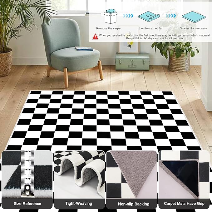 Checkered Rug 3x5 Washable Bedroom Rug Modern Indoor Non-Slip Black and White Checkered Kitchen Carpet for Dining Table Dorm Decor (Black and White, 3x5ft)