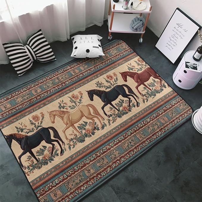 Horse Western Boho Ethnic Style Area Rug Washable Outdoor Rugs Anti-Slip Soft Carpet Entryway Indoor Door Mat for Bedroom,Living Room,Porch,Terrace and Entrance Decor 8'x 5'