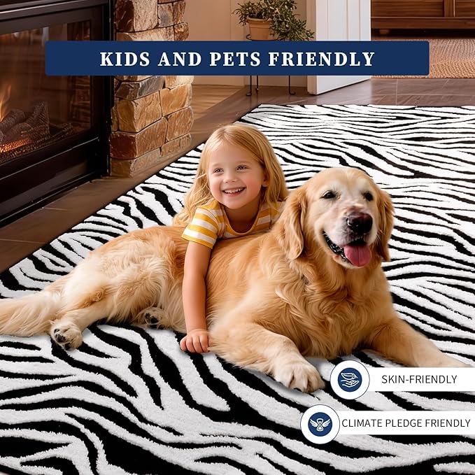 YIHOUSE 8×10 Ft Area Rugs, Black and White Modern Abstract Rug, Washable Plush Soft Zebra Print Carpet, Non-Slip Non-Shedding Rug for Grand Room, Bedroom, Dining Room, Nursery, Home Decor