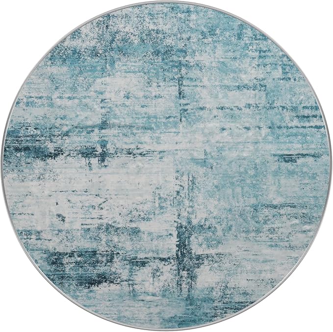 Round 4ft Area Rug Modern Abstract Washable for Living Room Entryway Dining Room Home Office Teal Gray