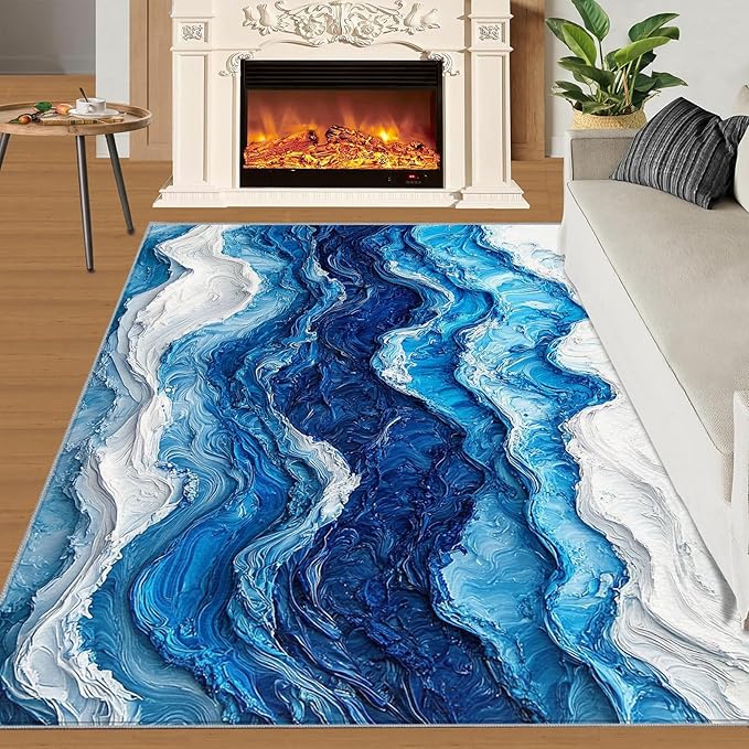 6x9 Ocean Waves Living Room Rug - Abstract Waves Bedroom Carpet, Abstract Art Classroom Rug for Carpet Boy Bedroom Office Nursery Hardwood Home Decor