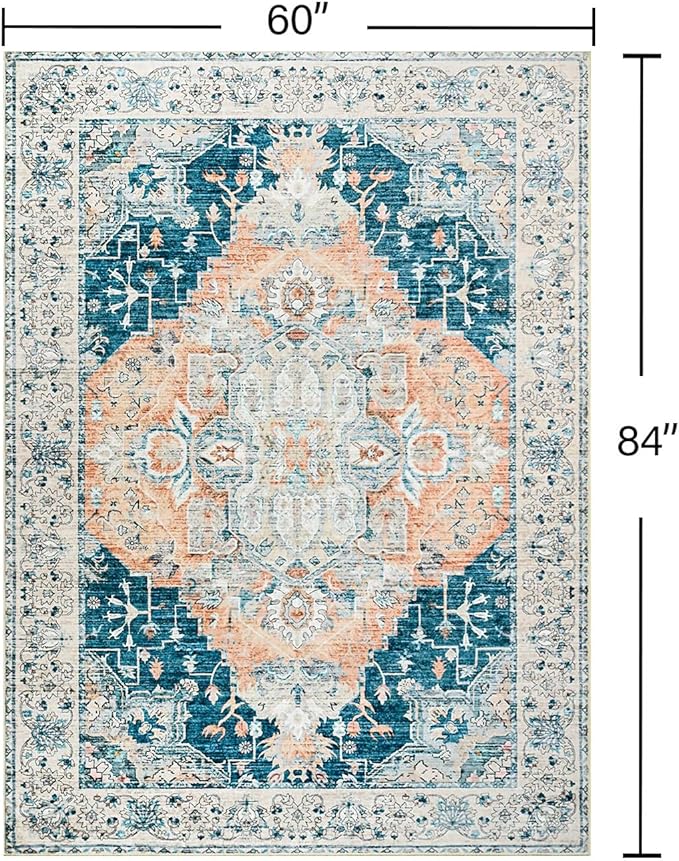 YJ.GWL Area Rugs for Living Room 5x7 Machine Washable Rugs, Non Slip Floral Vintage Rug Indoor Carpet, Stain Resistant Large Rug for Bedroom Dining Room, Dark Blue