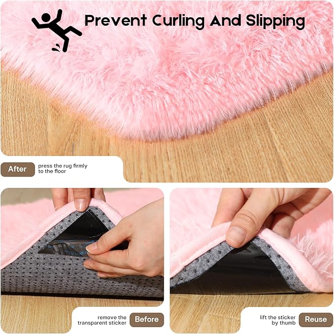 Pink Rugs for Bedroom, 3x5 Fluffy Small Area Rugs for Living Room, Soft Shag Fuzzy Carpet with 4 Non-Slip Stickers for Kids Boys and Girls Nursery Room Dorm Home Decor (Pink, 3ft x 5ft)