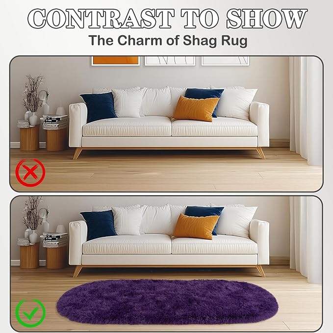 Soft Fluffy Area Rug for Bedroom, Purple Fuzzy Shaggy Oval Throw Rugs for Bedside, Non-Slip Cozy Plush Shag Carpet for Girls Kids Room Nursery Dorm Living Room, 2.6 x 5.3 Feet