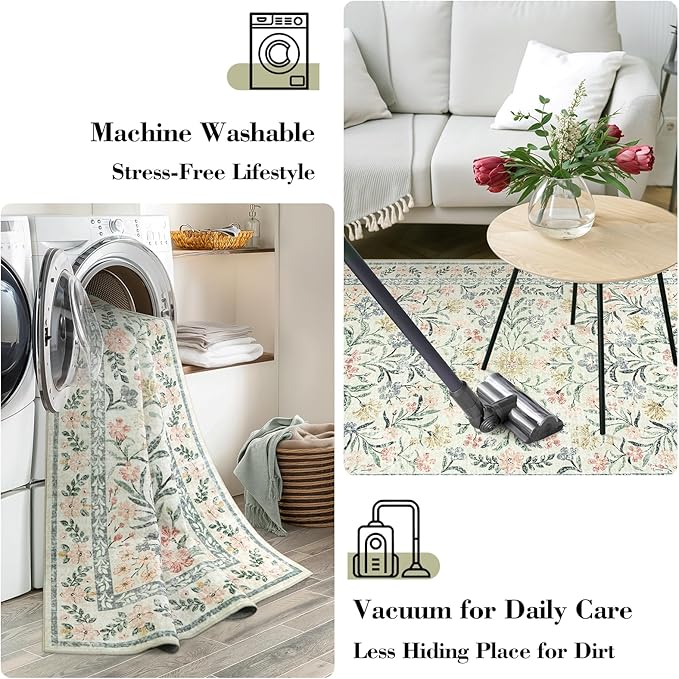 Wonnitar Boho Floral Washable Rugs 5x7, Soft Area Rugs for Bedroom, Ultra-Thin Non Slip Beige Area Carpets, Flower Print Decor Carpet for Living Room Nursery Dining Room Office