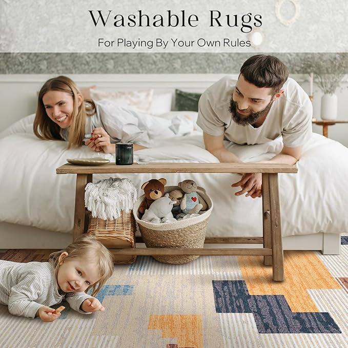 Phantoscope Washable Runner Rug 2'x10' Non-Slip, Modern Neutral Boho Hallway Rugs for Entryway, Stair, Bedroom, Abstract Geometric Blocks Pattern, Low-Pile Foldable Floor Carpet, Warm Terracotta/Cream