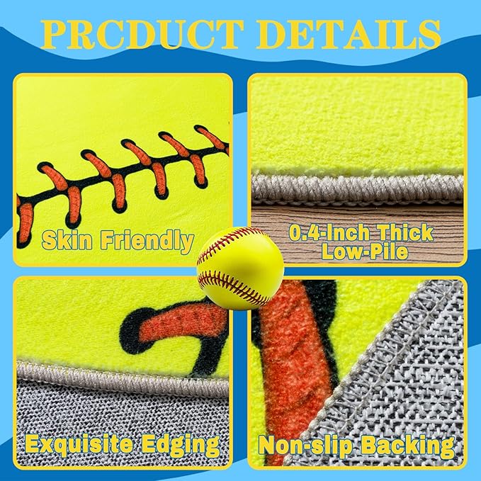 Soft Area Rugs for Bedroom, Softball Gifts for Softballs Lovers, Kids Toddlers Sport Softball Rug, Indoor Floor Boys Room Decor Carpet for Living Room, Dorms, Nursery Room, 5X7 Ft