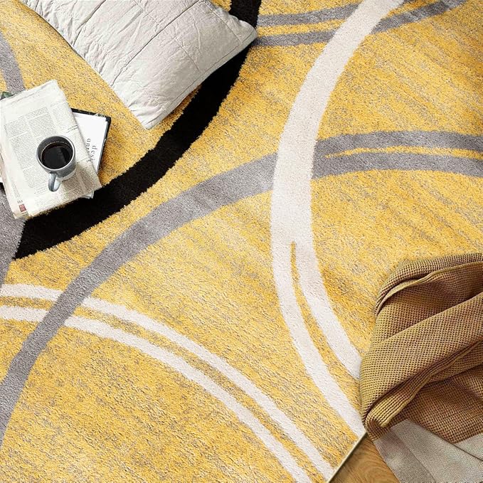Rugshop Wavy Circles Design Area Rug, Carpet with Jute Backing for Living Room, Bedroom, or Dining Room, Yellow, 7'10" x 10'2"
