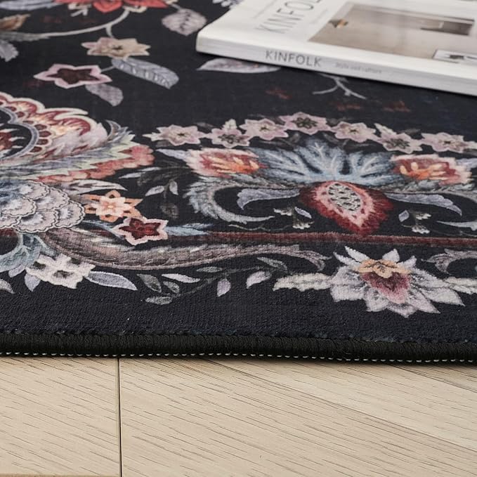 Rugcomf Vintage Paisley Rugs for Living Room 5'x7' - Machine Washable Area Rug, Non-Slip Low Pile Floral Carpet for Bedroom, Dining Room, Farmhouse, Office, Kids Playroom - Black