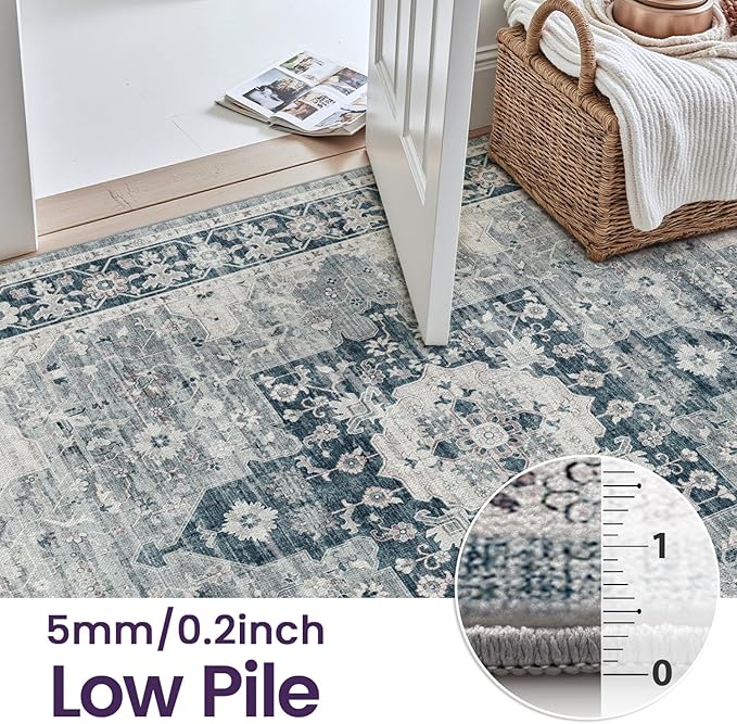 DEXI 4x6 Area Rug for Living Room, Washable Vintage Farmhouse Thin Rug Indoor Floor, Non Slip Stain Resistant Low Pile Carpet for Dining Room Bedroom Office, Blue Grey