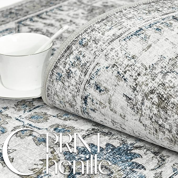 jinchan Kalen Runner Rug 2x8 Washable Hallway Rug Vintage Runner Indoor Floor Cover Thin Retro Distressed Floral Country Non Slip Carpet for Entryway Bathroom Kitchen Bedroom Living Room Stairway Blue