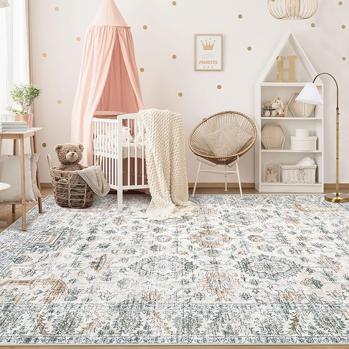 Area Rug 6x9 Living Room Rug, Machine Washable Vintage Distressed Boho Area Rug Non-Slip Soft Low Pile Large Indoor Rugs for Bedroom Kitchen Dining Room Office(Brown Green,6'x9')