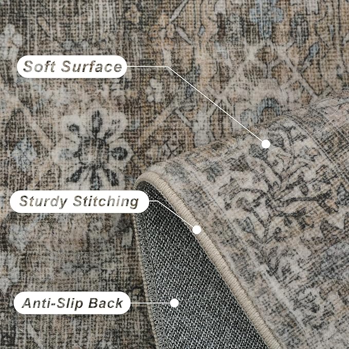 4x6 Washable Rug for Living Room Bedroom Dining Room Non-Slip Low Pile Vintage Distressed Entryway Rug Traditional Floral Retro Accent Throw Carpet for Dining Room Bathroom Kitchen Antique/Moss