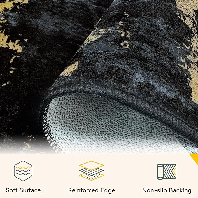 Washable Area Rugs 6'x8' Non-Slip Modern Abstract Soft for Living Room Entryway Bedroom Nursery, Print Pattern, Dark Black Gold