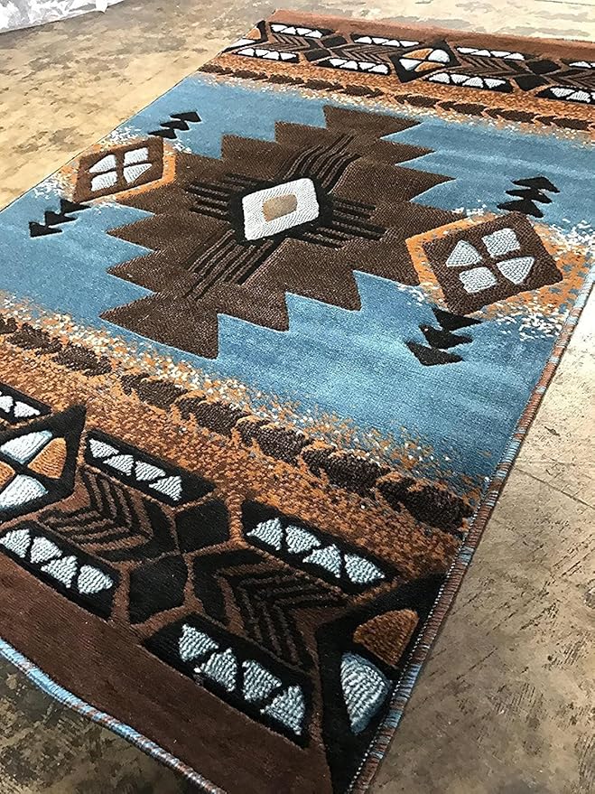 YHSF South West Native American Area Rug C318 - Easy Clean, Thick, Soft, Durable Native Tribal American Indian Inspired Rug for Bedroom/Living Room and More - Blue-Brown, 5 Feet x 7 Feet