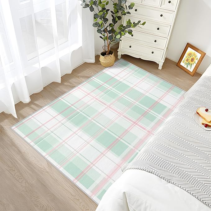 Plaid Rug 3x5 - Mint Green Tartan Gingham Rugs for Bedroom Non Slip Low Pile Machine Washable Area Rugs for Living Room Kitchen, Plaid Carpet House Decor & Gifts