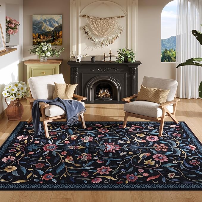 Vintage Medallion Floral 4x6 Rug, Machine Washable Non-Slip Area Rug, Low Pile Soft Carpet for Entry, Living Room, Office, Kids, Girl/Boys Room | Blue