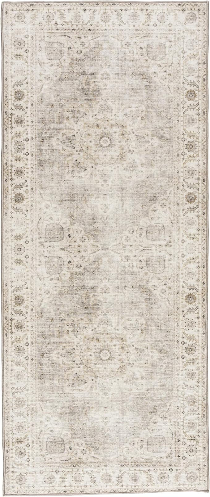ReaLife Rugs Machine Washable Area Rug Runner - Living Room Bedroom Bathroom Kitchen Entryway Office - Padded Low Pile Stain Resistant Premium - Boho Farmhouse Vintage - Joy - Beige Ivory 2'6" x 8'