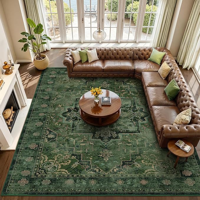 Green Large Area Rugs 10x12, Living Room Bedroom Carpet Extra Large Size Washable Non Slip, Vintage Distressed Medallio Low Pile Thin Rug for Big Dining Room