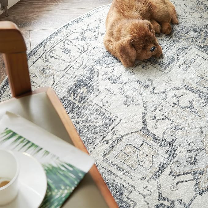 jinchan Kelda Round Rug 6ft Washable Area Rug Indoor Vintage Bedroom Floor Cover Distressed Circle Mat 6' Round Lightweight Non Slip Low Pile Thin Farmhouse Carpet for Living Room Dining Room Grey