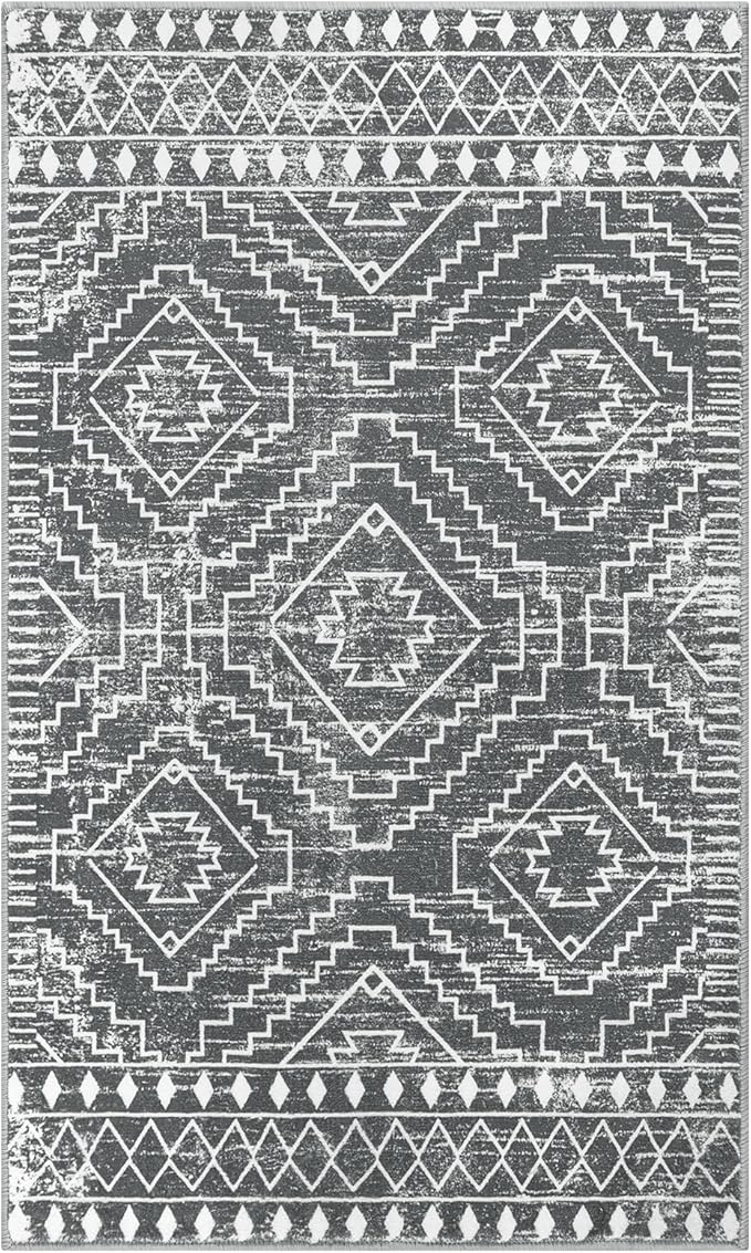 Wonnitar Moroccan 3x5 Washable Area Rug, Boho Living Room Rug, Non-Slip Farmhouse Rustic Bedroom Throw Mat, Non-Shedding Soft Geometric Floor Carpet for Kitchen Entry Office (Dark Grey,3'x5')