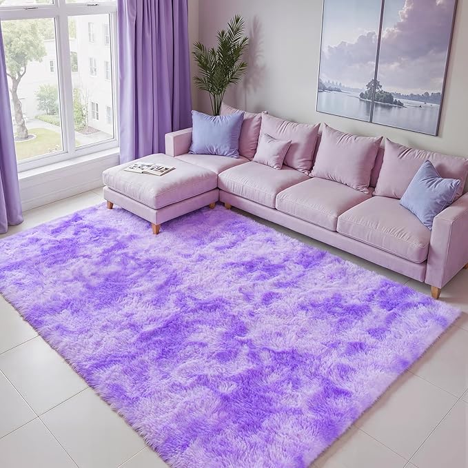 Zentavio Purple Rugs for Girls Room 5x8 Large Area Rugs for Living Room Carpet for Bedroom Washable Soft Fluffy Shag Aesthetic Plush High Pile Throw Rug for Nursery Kids Room Dorm Room Tie-Dyed