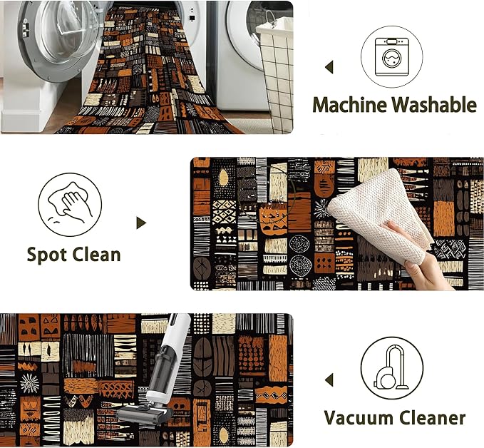 African Style Brown Orange Area Rug for Living Room, Non-Slip Backing Low Pile Modern Abstract Rug for Indoor Use, 5x7 Washable Carpet