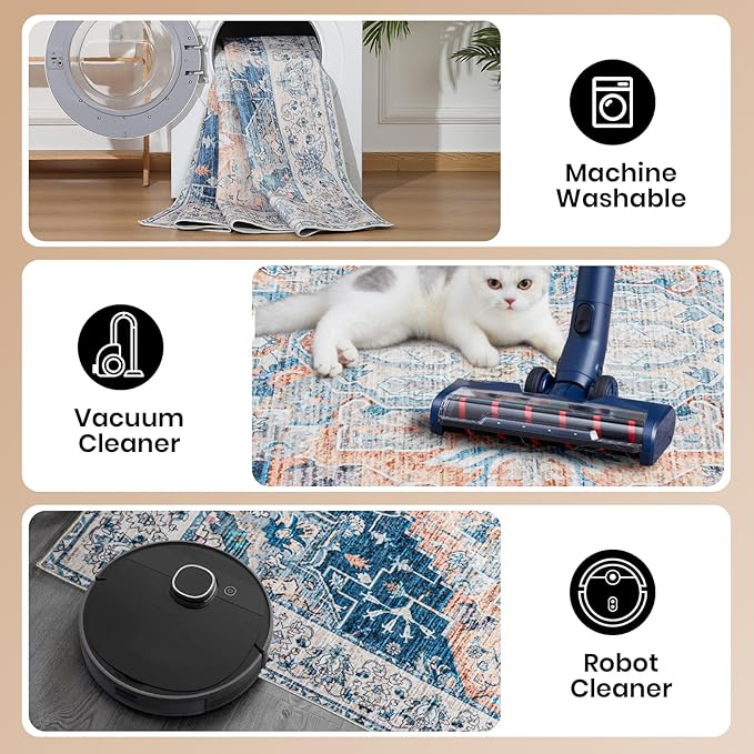 Area Rug for Living Room, 8x10 Machine Washable Non Slip Large Faux Wool Throw Rug, 0.3″ Low Pile & Non-Shedding Boho Large Carpet Rugs for for Dining Room, Bedroom, Office (Blue)