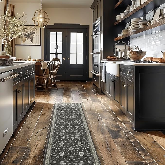 EVERGRACE Hallyway Area Runner Rugs 2x8, Boho Floral Faux Wool Indoor Outdoor Rugs, Washable Rugs for Bedroom Dining Room Living Room Kitchen, Low Pile Floor Mat Carpet for Home Decor, Ebony Black