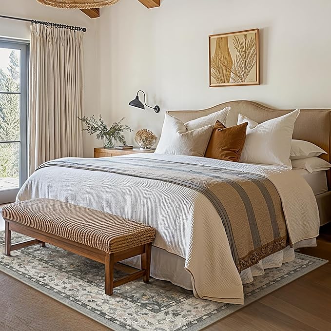 Bavni 5x7 Area Rugs for Living Room, Floral Rug Machine Washable Non Slip, Vintage Boho Forest Carpet, Soft Low Pile Thin Lightweight Rugs for Bedroom, Farmhouse, Dining Room Office, Mist Grey/Ivory