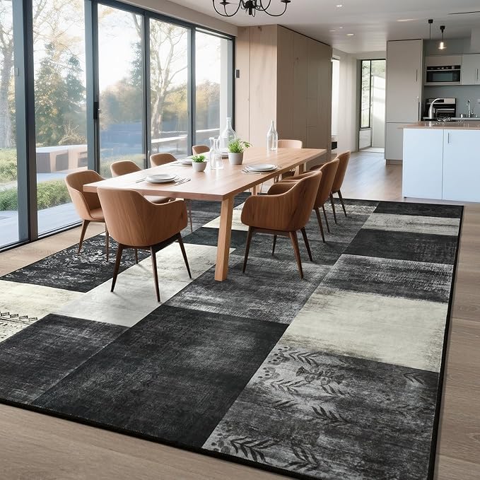 Tepook Modern Area Rug for Living Room, 8x10 Geometric Large Rugs for Bedroom, Washable Patchwork Rug Indoor Non-Slip Throw Carpets for Dining Room Office Farmhouse Home Decor, Black and White
