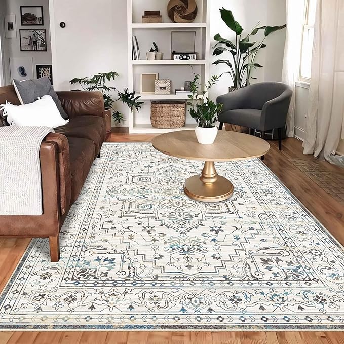 Enkor Area Soft Rugs 5x7 Washable Non Slip Boho Floor Rugs for Living Room Bedroom, Vintage Style Farmhouse Mat for Kitchen Entryway White & Grey