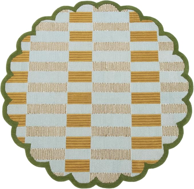 Hand-Tufted Wool Rug with Scalloped Edges, Light Blue Plaid Pattern, Cozy Soft Area Rug for Living Room, Bedroom, and Nursery, Handmade Modern Accent Rug, 7x7 Ft (Round)