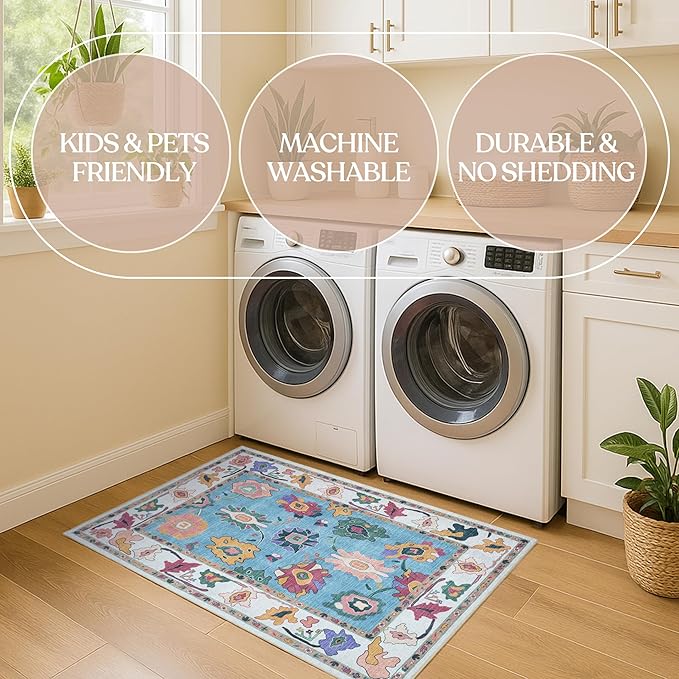 Fame Living Colorful Oushak Rug, Modern, Vintage, Turkish, Eclectic, Floral, Pastel, Washable, Oversized, Extra Large Area Rugs for Living Room, Dining, Bedroom, Lounge 9'5"x14'