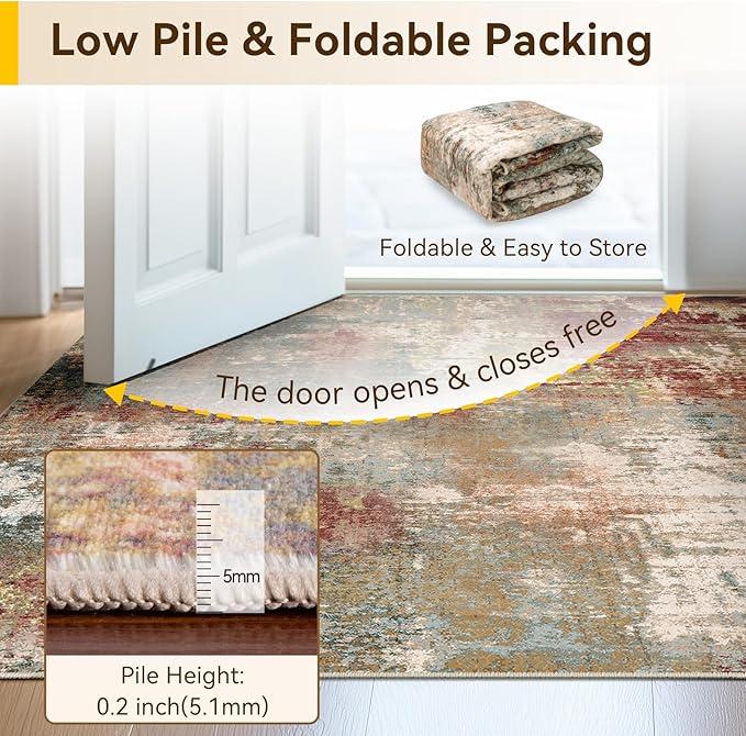 Washable Area Rugs 5'x8' Non-Slip Modern Abstract Soft for Living Room Entryway Bedroom Nursery, Print Pattern, Brown Rust Red Multi
