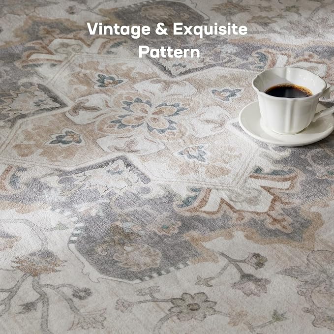 Marsail Area Rug 6x9, Soft & Slip-Resistant Large Area Rug with Reinforced Bound Edges, Vintage Short-Pile Washable Rug with Floral Pattern for Living Room, Dinning Room and Bedroom, Brown