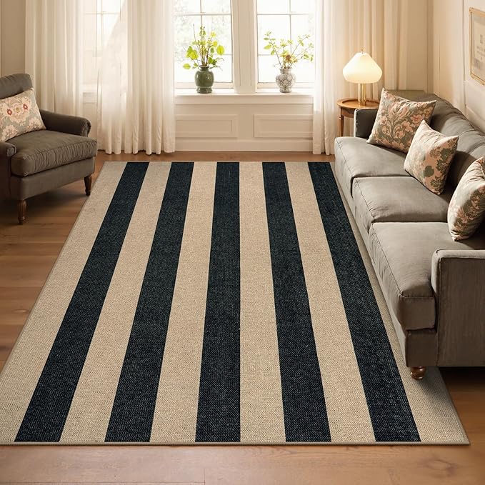 Lahome Striped Easy Jute Outdoor Rug 5x7, Large Neutral Dining Living Room Rug, Farmhouse Non Slip Non Shedding Washable Indoor Outdoor Black Carpet for Office Deck Patio Backyard Bedroom