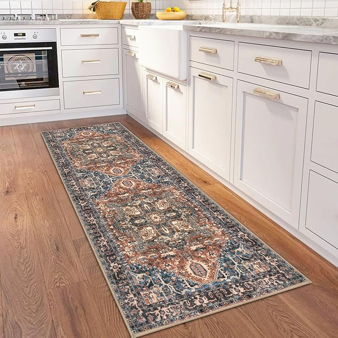 KOZYFLY Runners for Hallways 2x6 Ft Washable Kitchen Runner Rug Boho Runner Rug for Entryway Indoor Printed Oriental Faux Wool Floor Carpet Runner for Bedroom Kitchen Hall, Red/Navy Blue/Brown