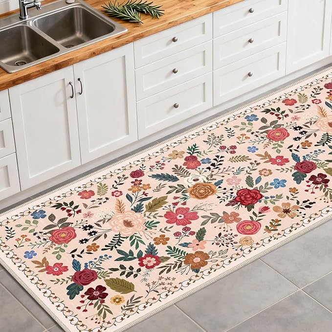 Washable Begie Red 2'6" x 8' Runners for Hallways, Non Slip Long Floor Runner for Kitchen, Entryway Indoor, Stain Resistant Rubber Backing Floral Décor Rug